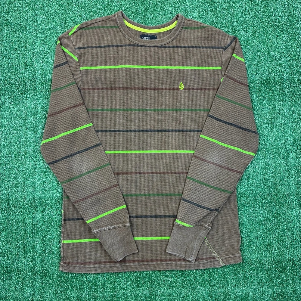 Y2K Volcom Striped Thermal Long Sleeve Shirt Brown Neon Green Mens Large